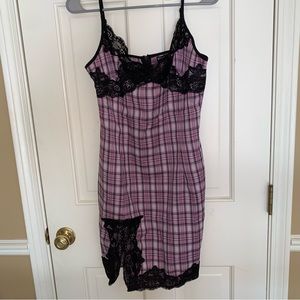 TARTAN PRINT LACE SLIT HEM CAMI DRESS